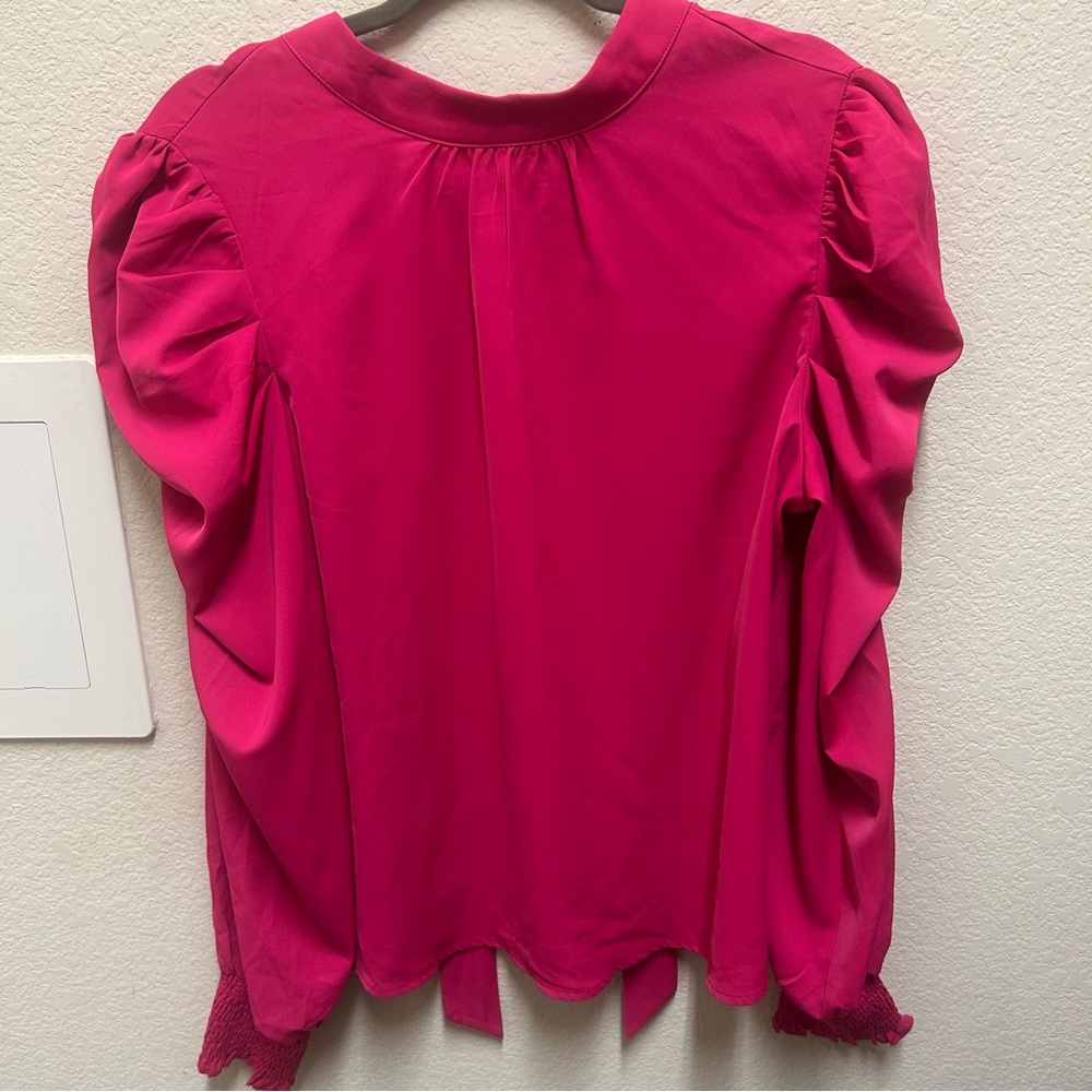 Chic Fuchsia Women's Blouse Tie in Back Puffy Sleeves